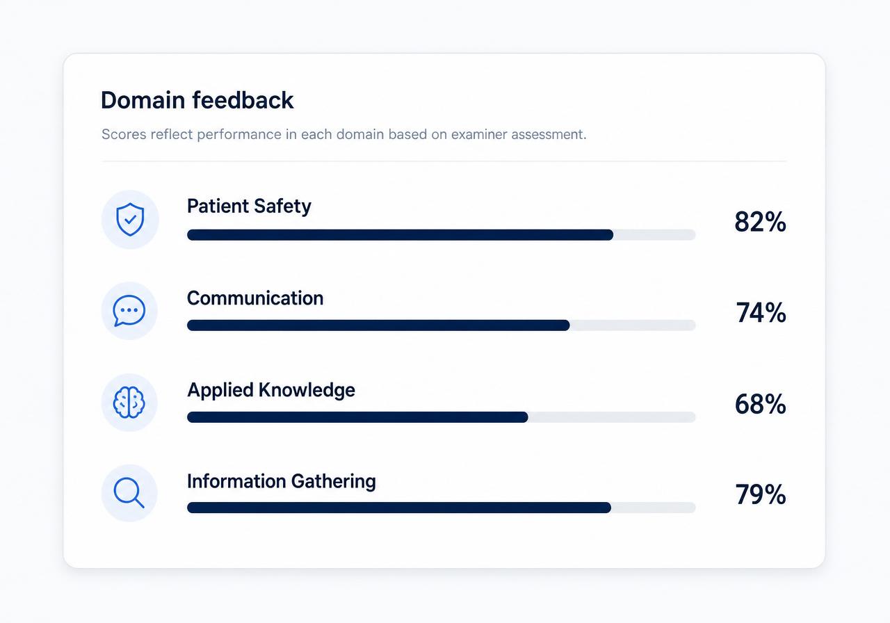 Domain feedback scorecard showing scores across four assessment domains